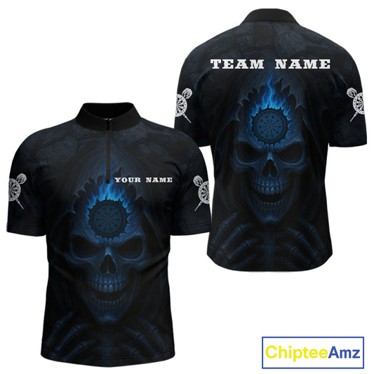 Blue Flaming Dartboard In Grim Reaper Men's Team Shirt - Custom Name For Darts Jersey NYN0514