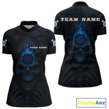 Load image into Gallery viewer, Blue Flaming Dartboard In Grim Reaper Women's Team Shirt - Custom Name For Darts Jersey NYN0514