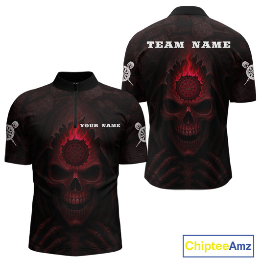 Red Flaming Dartboard In Grim Reaper Men's Team Shirt - Custom Name For Darts Jersey NYN0515