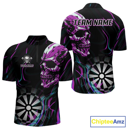 Purple Flaming Skull Dartboard 1/4-Zip Dart Shirt For Men Custom Outfits Darts Team Jersey NYN0998