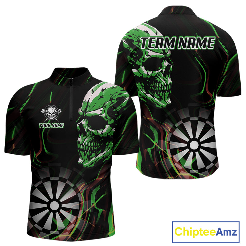 Custom Green And Orange Skull Dartboard 1/4-Zip Dart Shirts For Men Darts Team Jersey NYN0999