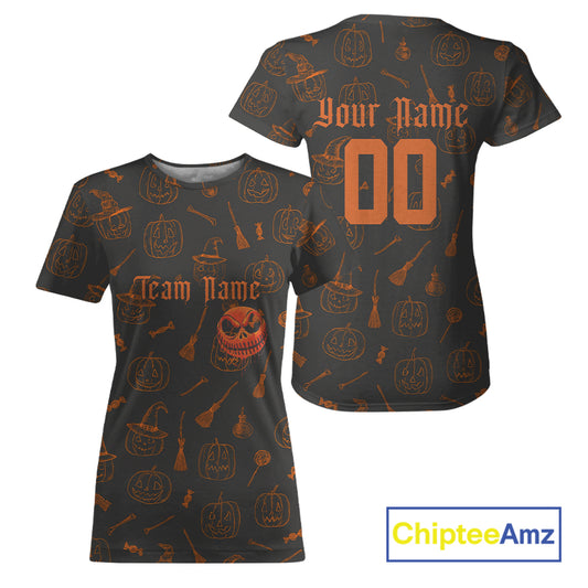Custom Orange Pumpkin Halloween Baseball T-Shirt For Women Funny Halloween Baseball Shirt NYN1007