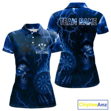 Load image into Gallery viewer, Personalized Blue Flames Skull Dartboard Darts Jersey Custom Women's Skull Darts Polo Shirt NYN1031