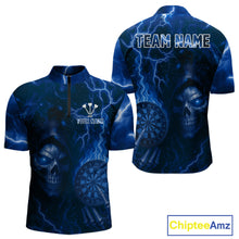 Load image into Gallery viewer, Personalized Blue Flames Skull Dartboard Darts Jersey Custom Men's Skull Darts 1/4-Zip Shirt NYN1031