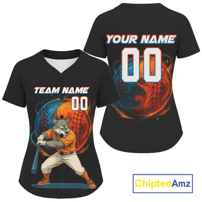 Custom Women Funny Baseball Jersey Personalized Wolf Plays Flame Baseball , Baseball Shirts NYN1039