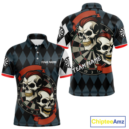 Red-Haired Skulls With Dartboard Men's Navy Darts Shirt - Custom Name For Players NYN0520