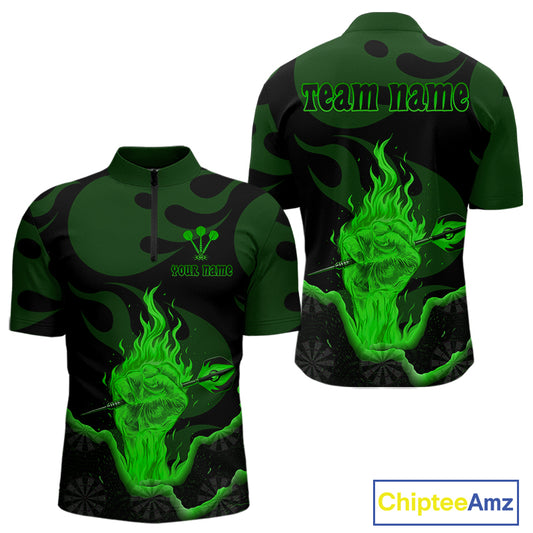 Custom Green Flaming Dart Arrow Polo & 1/4-Zip Darts Shirts Outfit Darts Jersey For Men NYN1052