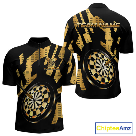 Gold Dartboard & Arrow Men's Darts Quarter-Zip Shirt - Custom Name For Players NYN0747