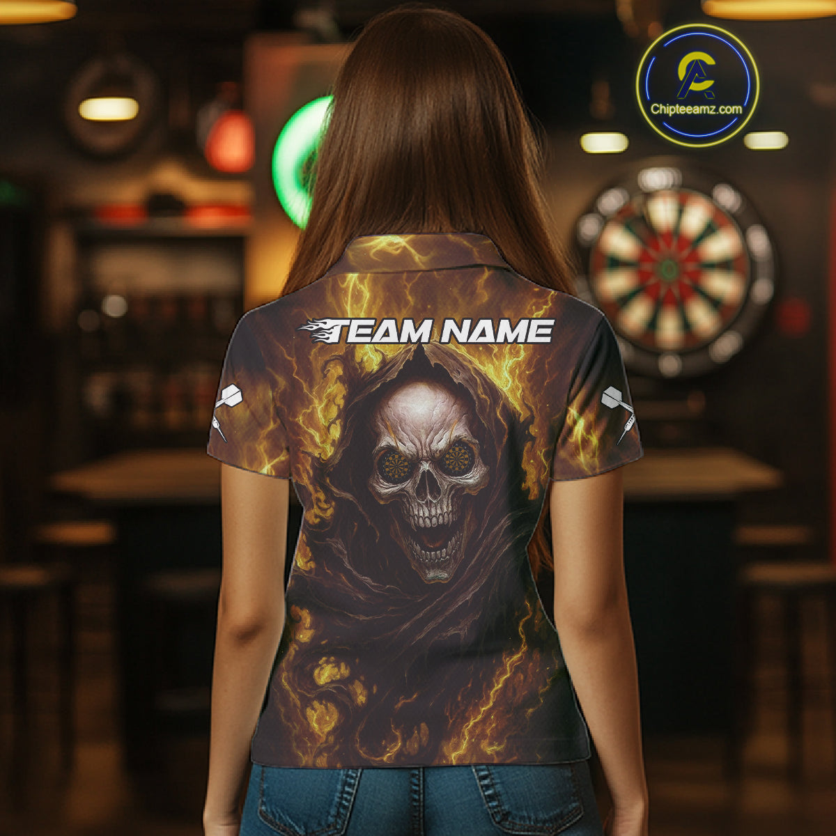 Custom Black-Yellow Lightning Skeleton Dart Shirt For Women Dart Tournament Jerseys NYN1406
