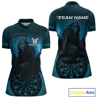 Custom Turquoise Flames Skeleton Dartboard Dart 1/4-Zip Shirt For Women Dart Tournament Jerseys NYN1411