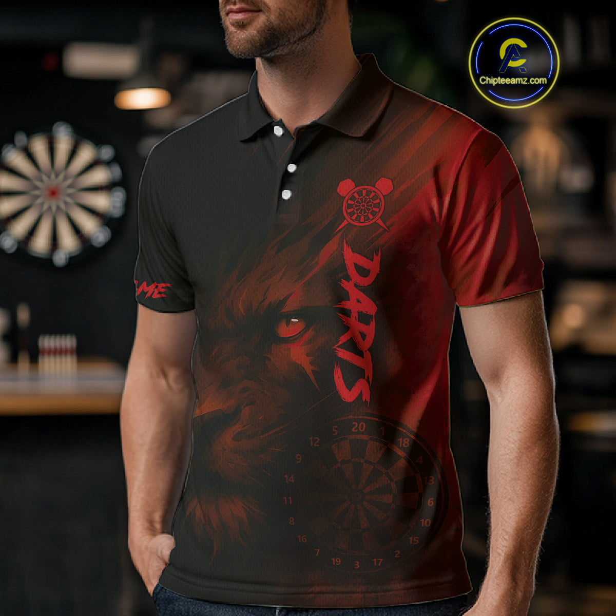 Custom Black-Red Horror Lion Dartboard Dart Polo Shirt For Men Grunge Dart Jerseys NYN1413