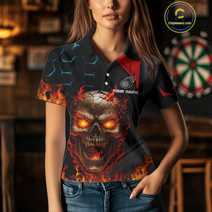 Flaming Skull Dartboard Red Black Darts Shirt For Women - Custom Name For Players NYN0556