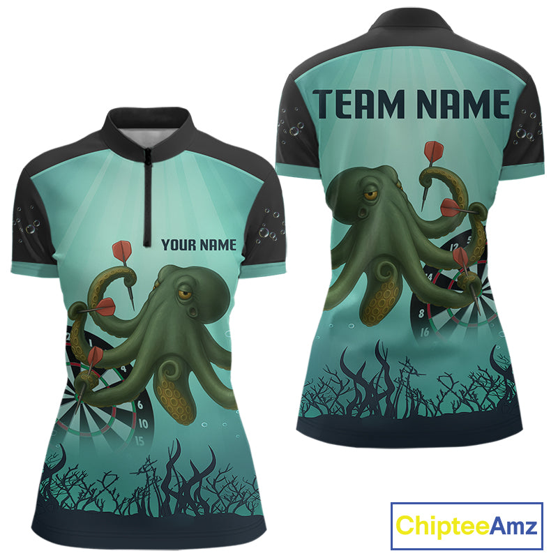Custom Women's Darts 1/4-Zip Jersey Green Octopus Play Dart Arrows For Darts Team NYN0767