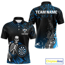 Load image into Gallery viewer, Black Blue Dartboard Skeleton Grunge Men's Darts Shirt - Custom Name For Players NYN0567
