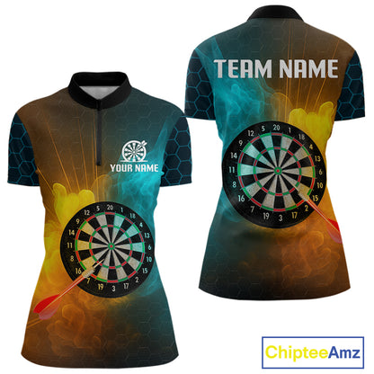 Turquoise & Yellow Smoke Dartboard Darts Shirt For Women - Custom Name & Team Jersey NYN0587