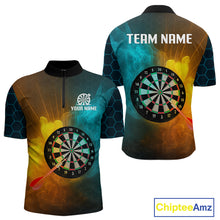Load image into Gallery viewer, Turquoise &amp; Yellow Smoke Dartboard Darts Shirt For Men - Custom Name &amp; Team Jersey NYN0587