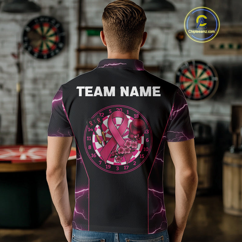 Lightning Pink Ribbons Dartboard Darts Shirt For Men - Custom Name & Team Jersey NYN0601