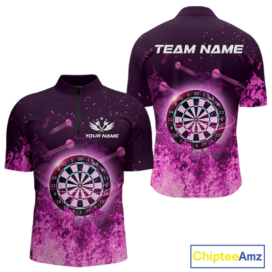 Personalized Pink Flame Dartboard Custom Dart 1/4-Zip Shirts For Men, Dart Team Jerseys NYN0788