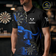 Load image into Gallery viewer, Blue Ferocious Bull Grunge Dartboard Darts Shirt For Men - Custom Name &amp; Team Jersey NYN0610
