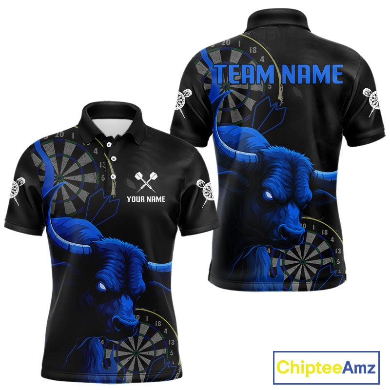 Blue Ferocious Bull Grunge Dartboard Darts Shirt For Men - Custom Name & Team Jersey NYN0610