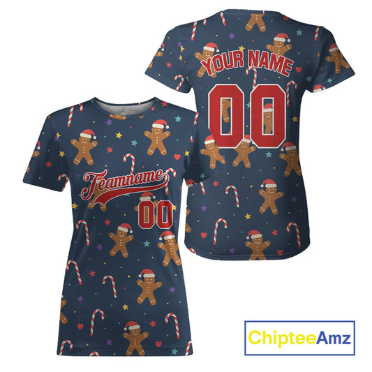 Personalized Blue Christmas Baseball T-Shirt For Women Xmas Holiday Baseball Jersey NYN1180