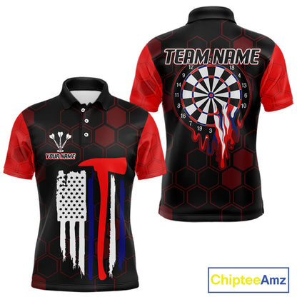 Red Dripping Dartboard & US Flag Men's Darts Polo Shirt - Custom Name For Dart Players NYN0800