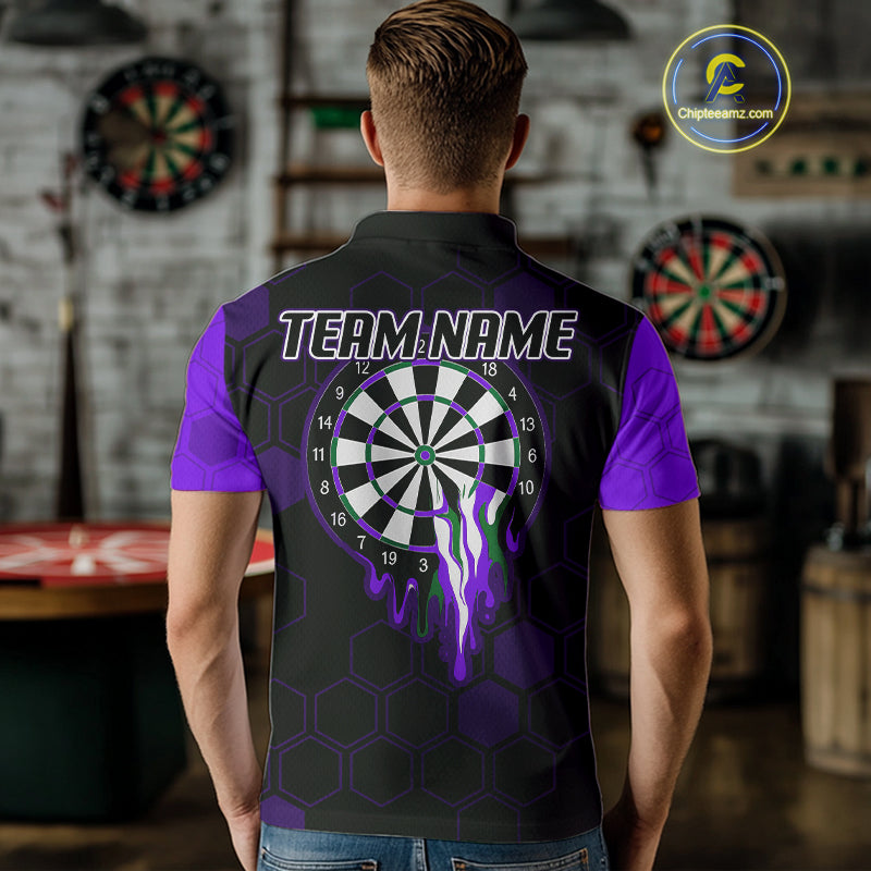 Purple Dripping Dartboard & US Flag Men's Darts Polo Shirt - Custom Name For Dart Players NYN0801
