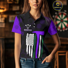 Load image into Gallery viewer, Purple Dripping Dartboard &amp; US Flag Women's Darts Polo Shirt - Custom Name For Dart Players NYN0801