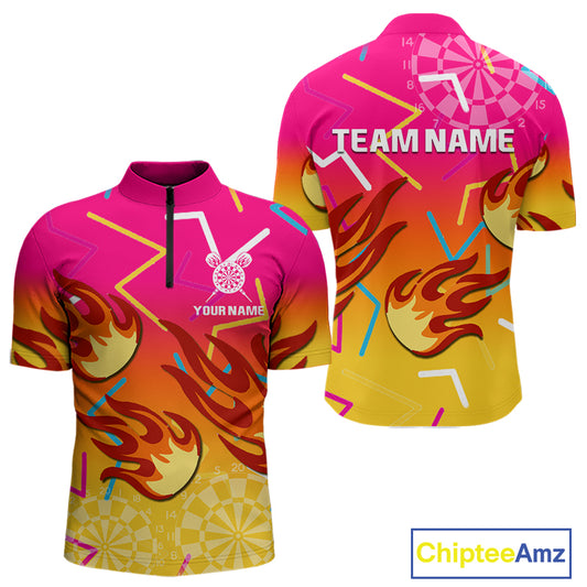 Flames In Vibrant Pink & Yellow Darts Funny Shirt For Men - Custom Team Name NYN0373