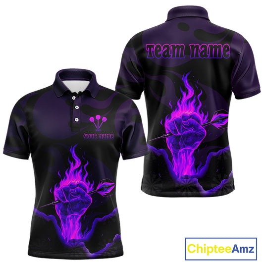 Flaming Hand & Dart Arrow Darts Shirts For Men - Custom Name & Team | Opt2 - Purple NYN0640