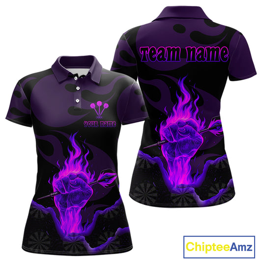 Flaming Hand & Dart Arrow Darts Shirts For Women - Custom Name & Team | Opt2 - Purple NYN0640