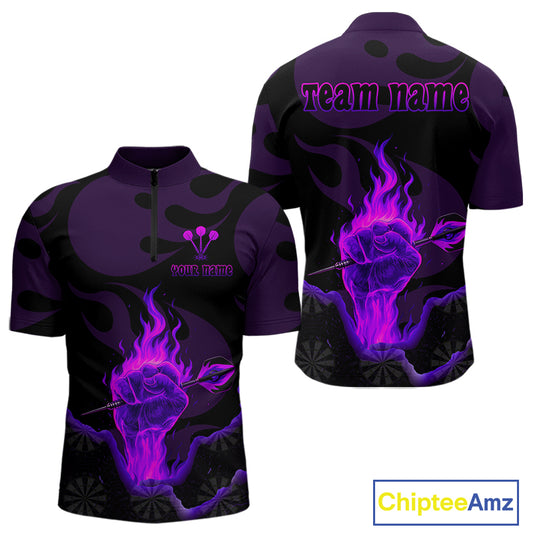 Flaming Hand & Dart Arrow Darts Shirts For Men - Custom Name & Team | Opt2 - Purple NYN0640
