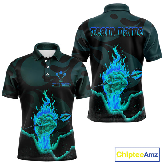 Flaming Hand & Dart Arrow Darts Shirts For Men - Custom Name & Team | Opt3 - Turquoise NYN0641