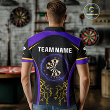 Load image into Gallery viewer, Yellow And Purple Lightning Scratched Dartboard Darts Shirt For Men - Custom Name NYN0383