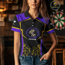 Load image into Gallery viewer, Yellow And Purple Lightning Scratched Dartboard Darts Shirt For Women - Custom Name NYN0383