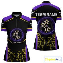 Load image into Gallery viewer, Yellow And Purple Lightning Scratched Dartboard Darts Shirt For Women - Custom Name NYN0383