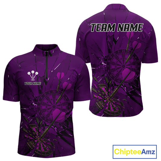 Cracked Dartboard Broken Glass Men's Darts Shirt Custom Name & Team | Opt3 - Purple NYN0655