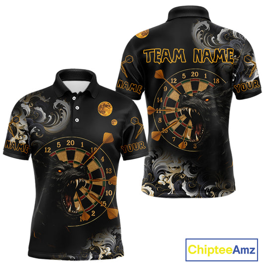 Black Ferocious Wolf & Gold Dartboard Darts Team Shirt For Men - Customizable Name NYN0389