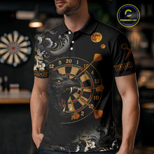 Load image into Gallery viewer, Black Ferocious Wolf &amp; Gold Dartboard Darts Team Shirt For Men - Customizable Name NYN0389