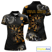 Load image into Gallery viewer, Black Ferocious Wolf &amp; Gold Dartboard Darts Team Shirt For Women - Customizable Name NYN0389