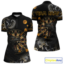 Load image into Gallery viewer, Black Ferocious Wolf &amp; Gold Dartboard Darts Team Shirt For Women - Customizable Name NYN0389