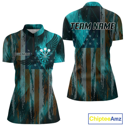 American Flag Eagle Dartboard Women's Darts Shirt Custom Name & Team | Opt3 - Turquoise NYN0661