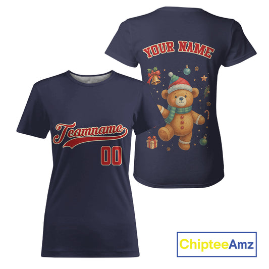 Custom Blue And Red Beer Xmas Baseball T-Shirt For Women Funny Christmas Baseball Gifts NYN1288