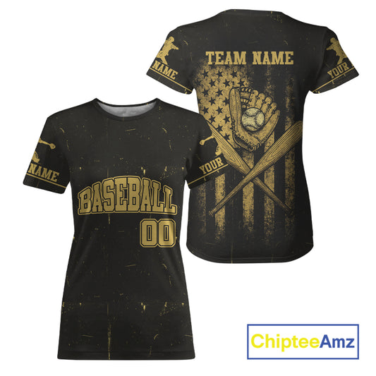 Women's Patriotic Baseball T-Shirt Personalized Grunge US Flag Shirt For Baseball Fans NYN0889