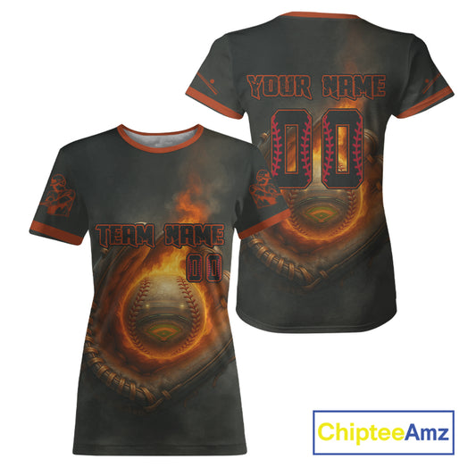 Women's 3D Baseball T-Shirt Personalized Catching Flame Ball For Baseball Fans NYN0895