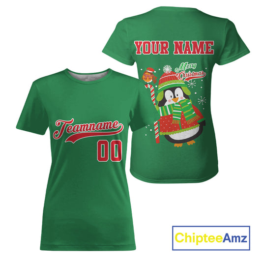 Custom Green Penguin Christmas Women's Baseball  T-Shirt Baseball Gifts For Xmas Holiday NYN1302