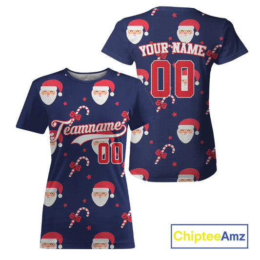 Custom Blue And Red Santa-Claus Christmas Women's Baseball T-Shirt Baseball Gifts For Xmas NYN1303