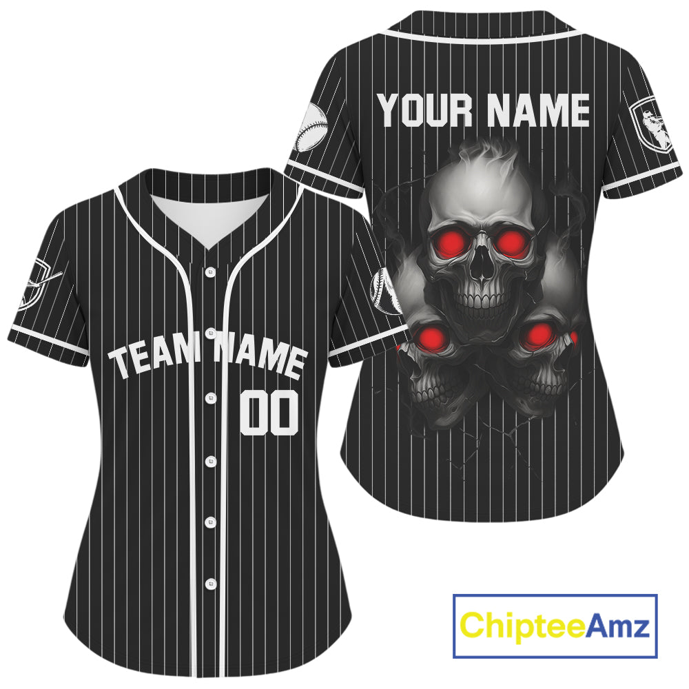 Custom Red And Grey Skull Baseball Jersey For Women Pinstripe Baseball Shirt Youth Outfit NYN0913