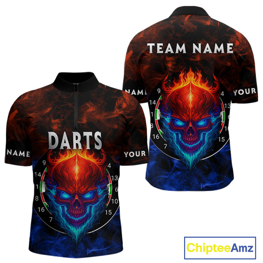 Flame Skull Dartboard Men's Darts Quarter-Zip Shirt - Custom Name For Players NYN0745