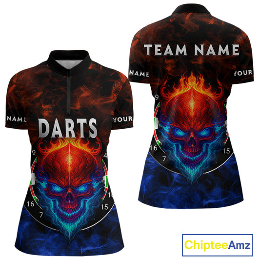 Flame Skull Dartboard Women's Darts Quarter-Zip Shirt - Custom Name For Players NYN0745
